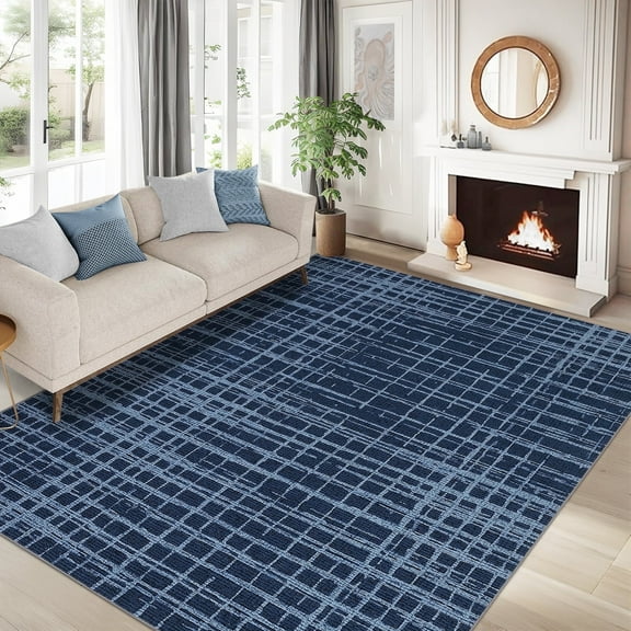 Garvee 8'x10' Solid Area Rug Washable Large Rug, Modern Abstract Printed Carpet Anti-Slip Backing Contemporary Stripes Rugs for Living Room Bedroom Home Office, Blue