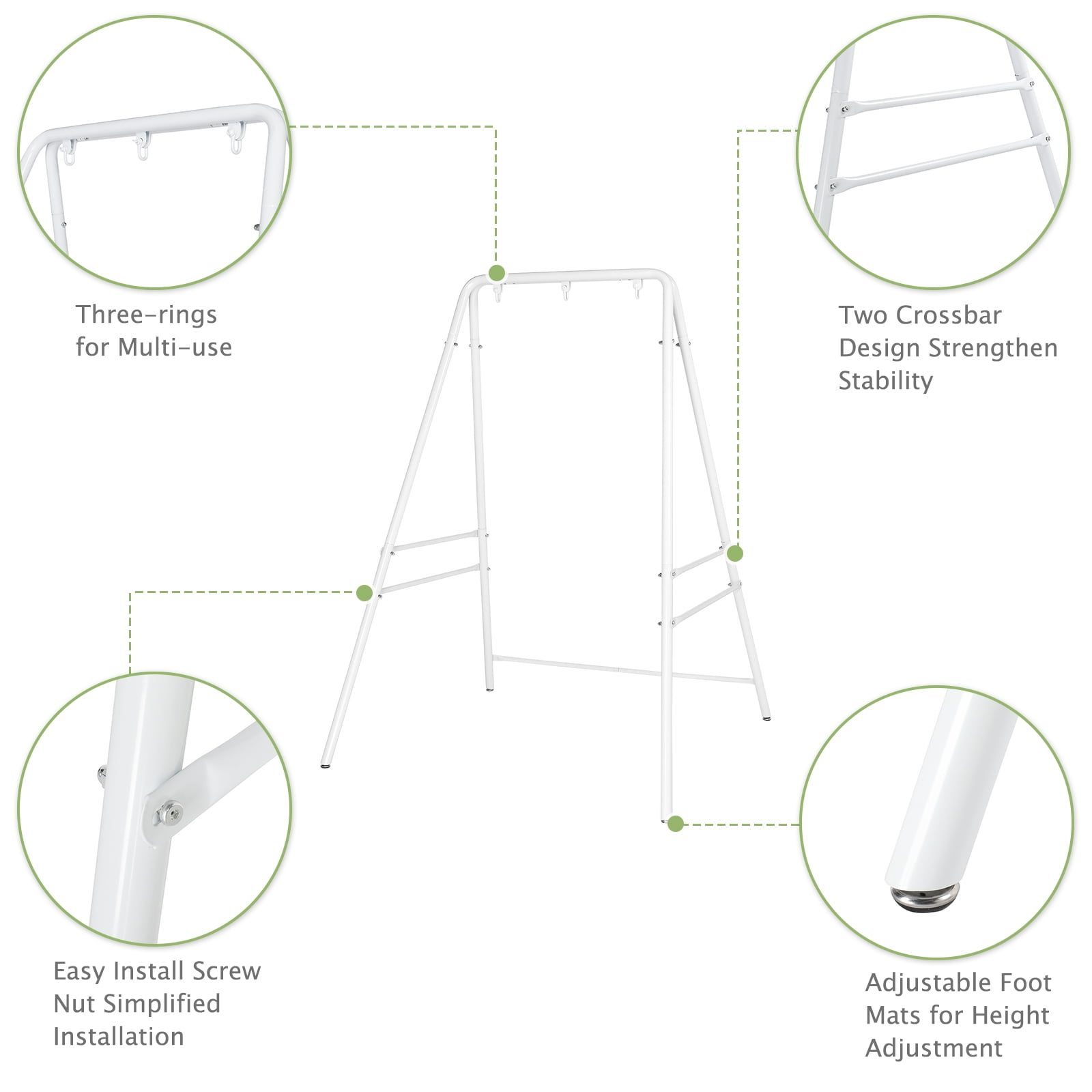 133*137*180cm Wrought Iron Four-Legged Standing 200kg Three Rings Hanging Chair Frame White