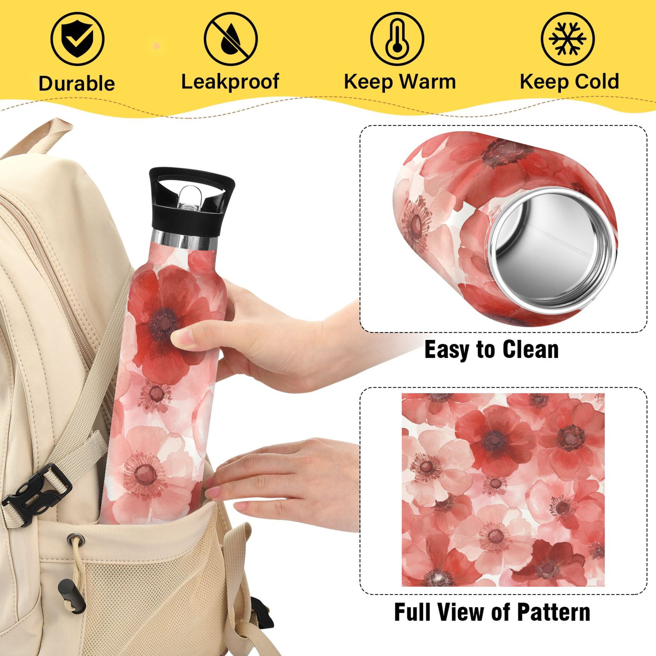 600ML Stainless Steel Insulated Cup Sports Water Bottle Portable Thermos Cup Water Glasses Insulated Tumblers Convenient and Durable Vibrant Flowers