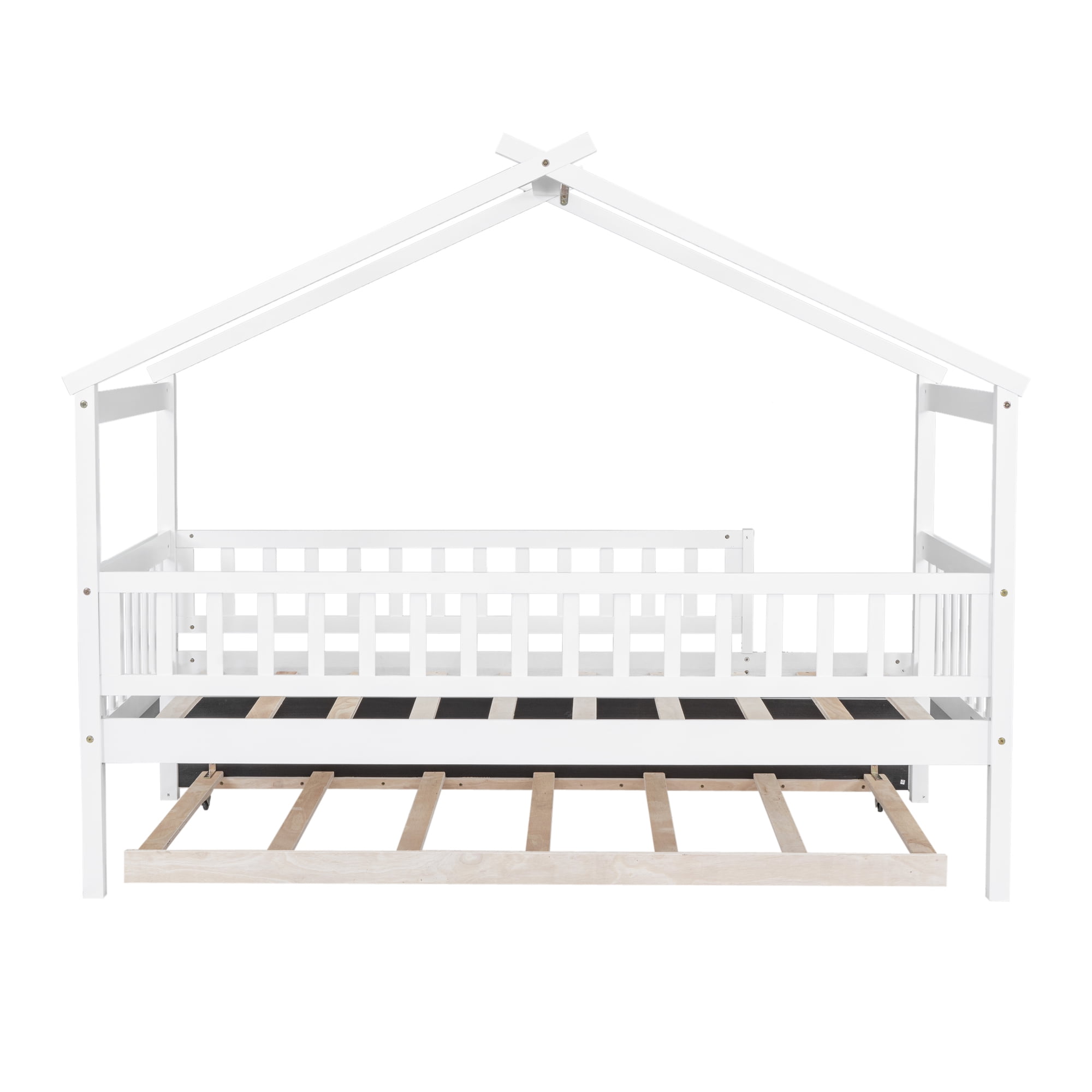 Euroco Twin Size House Bed with Trundle, Canopy Low Profile Bed for Kids, White
