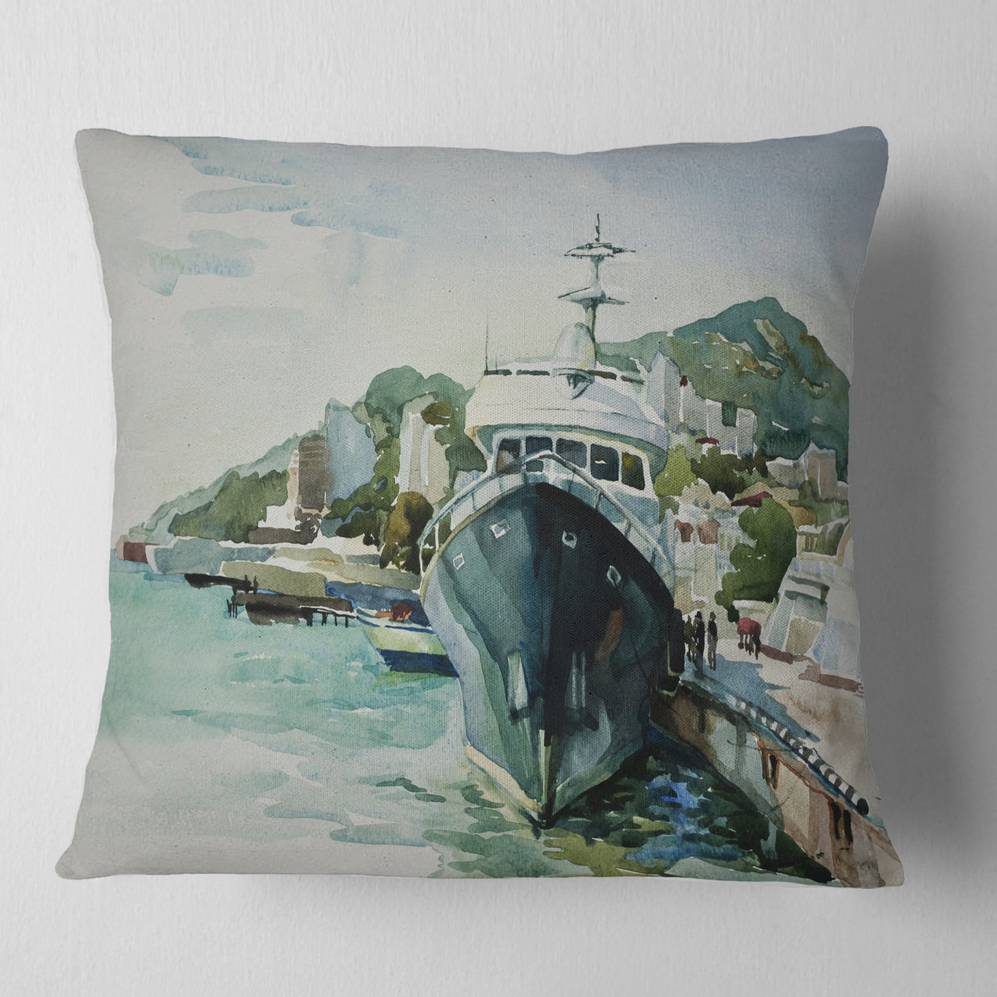 Designart Yacht in Port Yalta - Landscape Printed Throw Pillow - 18x18
