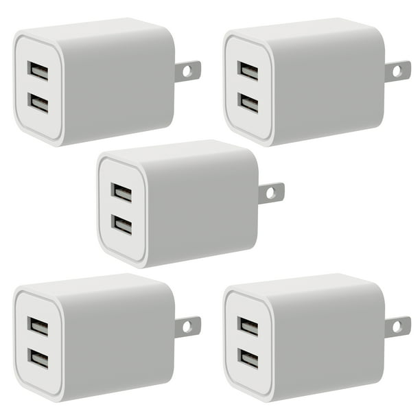 USB Charger, 5V Dual 2-Port   Wall USB Plug Charger Wall Plug  Power Adapter Fast Charging Cube Compatible with Apple iPhone, iPad,  Samsung Galaxy, Note, HTC, LG, Etc. (White) 5-Pack -
