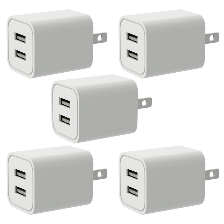 USB Charger, Charging Block, 2.1A Home Travel Double USB A Wall Charger Multi-Port Charging Cube Compatible Apple iPhone, iPad, Samsung Galaxy, Note, HTC, Nokia LG & More (White, 5-Pack) -