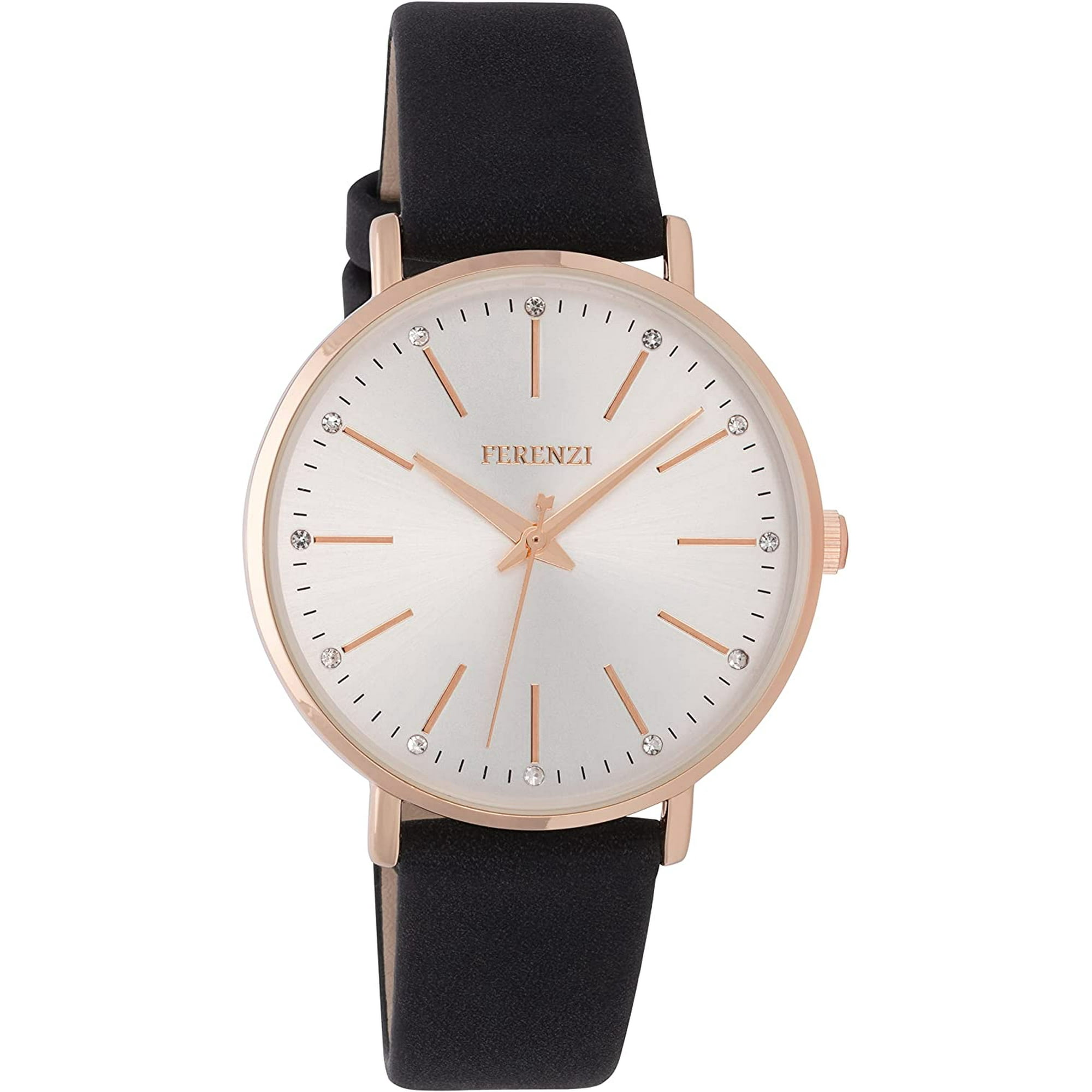 Minimalist Feminine Analog Watch Small Dial with Delicate White Stones Daily Accessory Comfortable PU Leather Strap Ferenzi FZ21701 Walmart