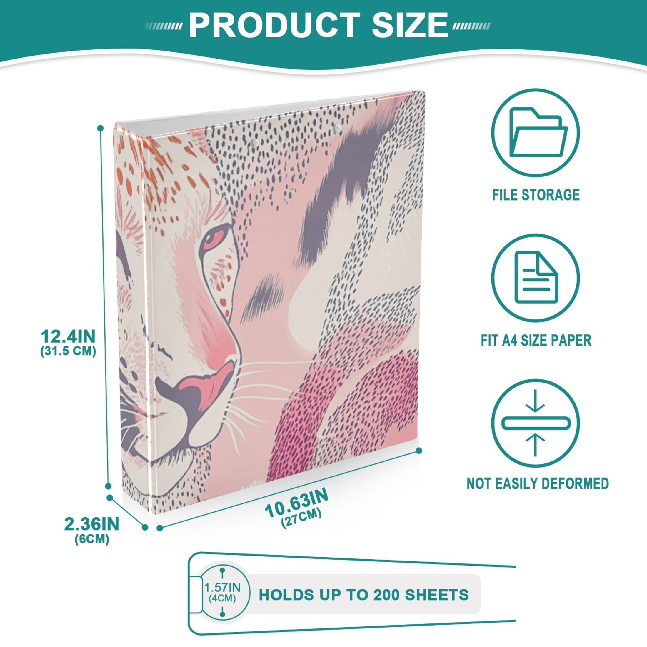 Leopard Print 3 Ring Binders 1.5 inch Hardcover File Folders with Interior Pockets A4 Size Organizer for School Office Hospital