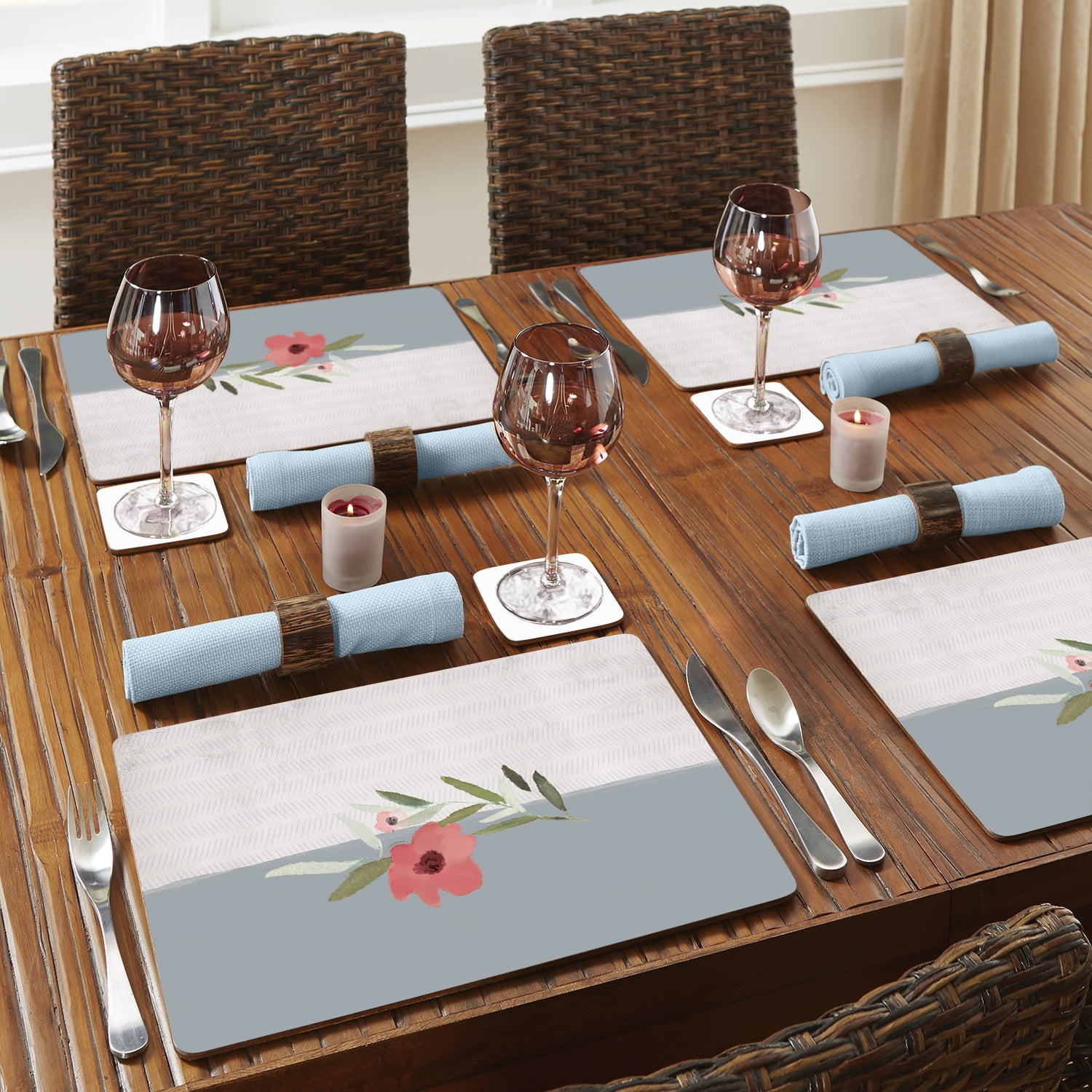 CounterArt "Pink Flower on Gray" Hardboard Tabletop Placemats 4-Pack