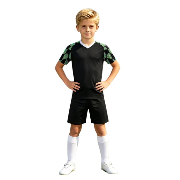 Weebloom Kids Boys Summer Athletic Outfit Football Gradient Short Sleeve Shorts Two Piece Youth Training Outfits Breathable Lightweight Boy Running Sports Clothes Set Size 2Xl Black