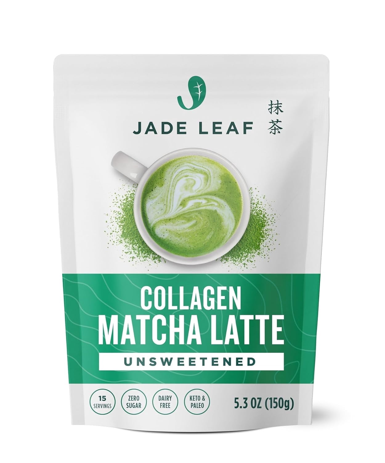 (5 pack) Jade Leaf Matcha Latte, Unsweetened Grass Fed Collagen and Organic Matcha, Premium Barista Crafted Mix, 5.3 oz