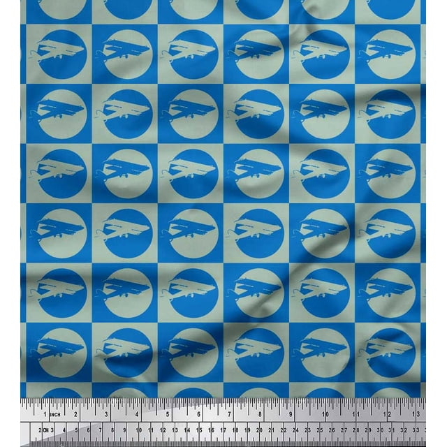 Soimoi Moss Georgette Fabric Circle & Airplane Transport Print Fabric by Yard 42 Inch Wide