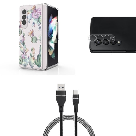 Accessory Bundle for Galaxy Z Fold 4: Slim Snap-On Case (Watercolor Cactus), Rear Camera Glass Protector, Nylon Braided USB-C to USB-A Cable (3 Feet)