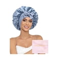 thumbnail image 1 of wonima11 100% Mulberry Silk Bonnet for Sleeping Women Double Layer Silk Hair Bonnet Natural Silk Sleep Cap with Elastic Reversible Hair Wrap (Haze Blue + Sky Blue), 1 of 1