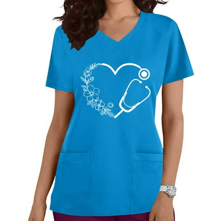 

Funicet Black and Friday Deals Womens Plus Size Scrubs Tops Short-Sleeve Nurse Uniform V Neck Working Uniform Cute Floral Printed T-Shirts Casual Blounce w/Pockets