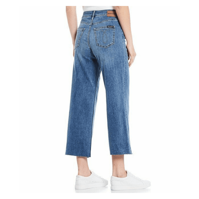 ★ ★ CK Women's High Rise Wide Fit Mid Blue Deni Calvin Klein Women's Mid-Blue High Rise Wide Leg Cropped