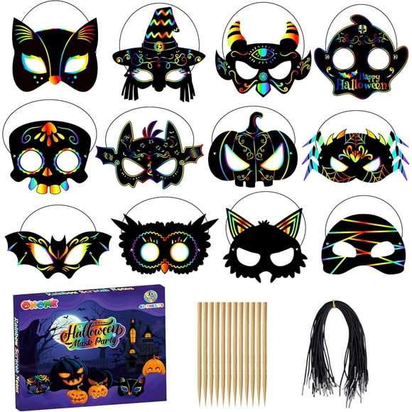 Halloween Games - 24 PCS Rainbow Scratch Mask | Kids Halloween Crafts Treats Toys Gifts - Magic Scratch Paper Party Favors Supplies Trick-or-Treat Activities Costumes Shirts Pajamas Makeup