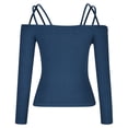 thumbnail image 5 of XFLWAM Women Spaghetti Straps Long Sleeve Ribbed Knit Top Off Shoulder V Neck Shirt Cold Shoulder Solid Color Slim Blouse Blue S, 5 of 6