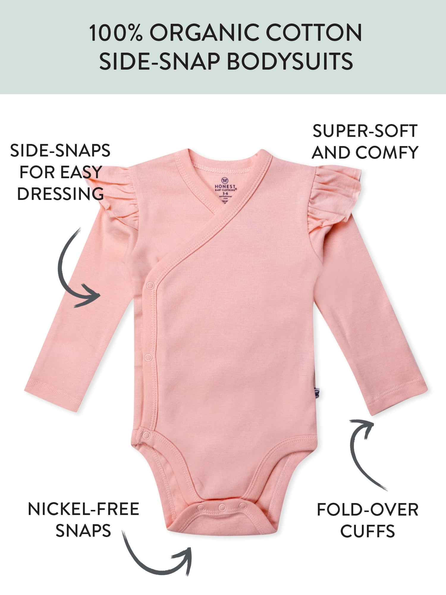 Honest Baby Clothing Organic Cotton Boy/Girl Long Sleeve and Ruffle Shoulder Side-Snap Bodysuit Set, Preemie to 18M