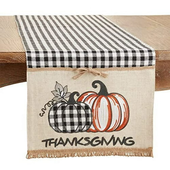 Fennco Styles Harvest Pumpkins Plaid Thanksgiving Table Runner 16" W x 70" L - Black & White Woven Table Cover for Banquets, Fall Festivals, Holidays, Special Events, Kitchen and Home Décor