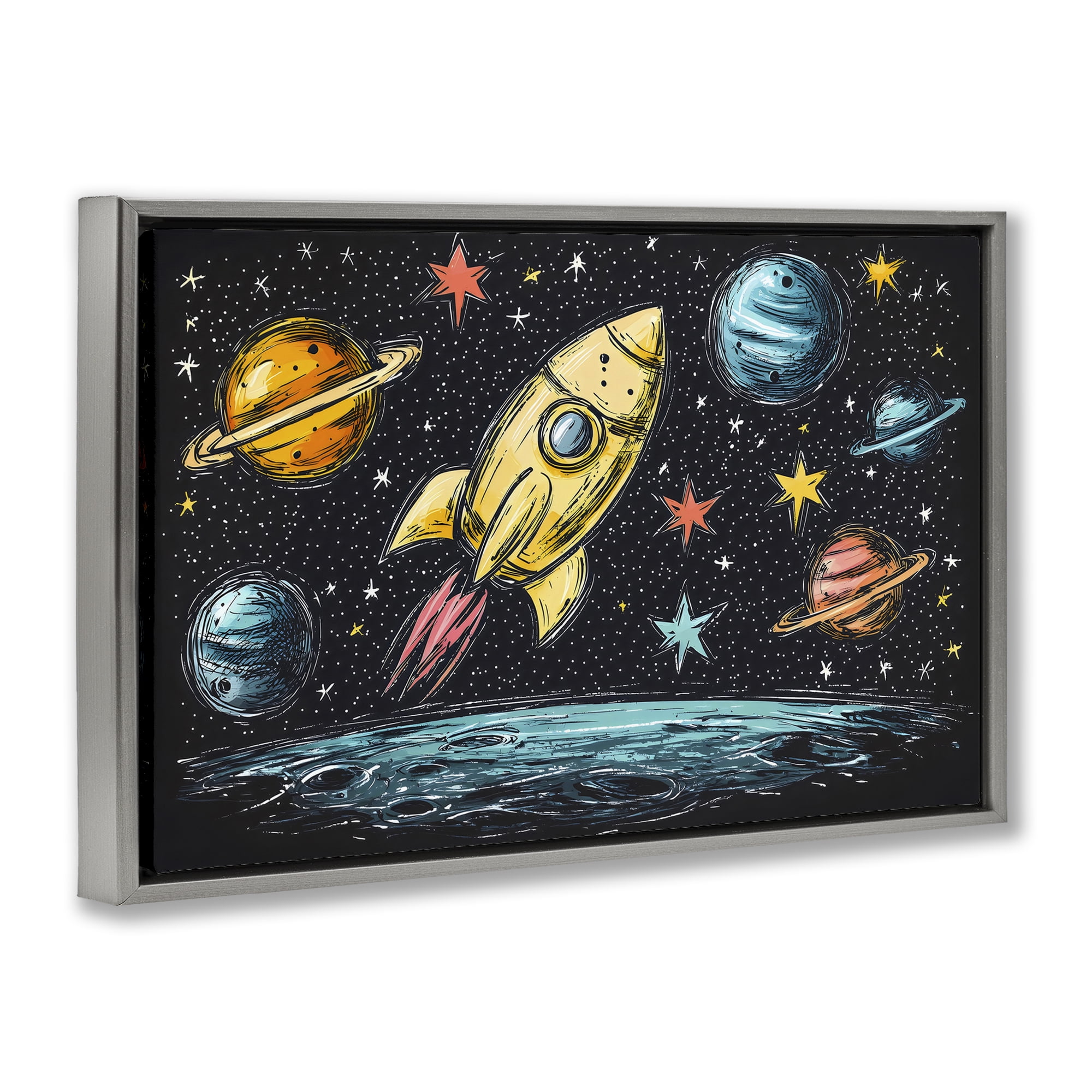 Stupell Industries Whimsical Rocket & Planets Gray Framed Floater Canvas Wall Art, design by Creative Studio