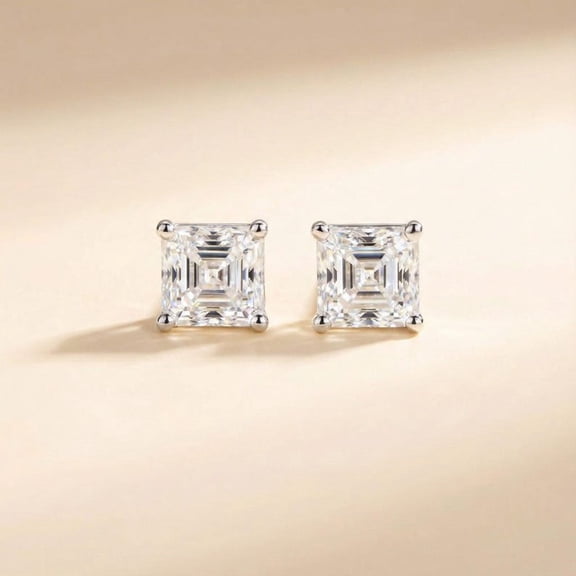 2Ct Asscher Cut Real Moissanite Diamond Solitaire Stud Earrings 14K White Gold Plated