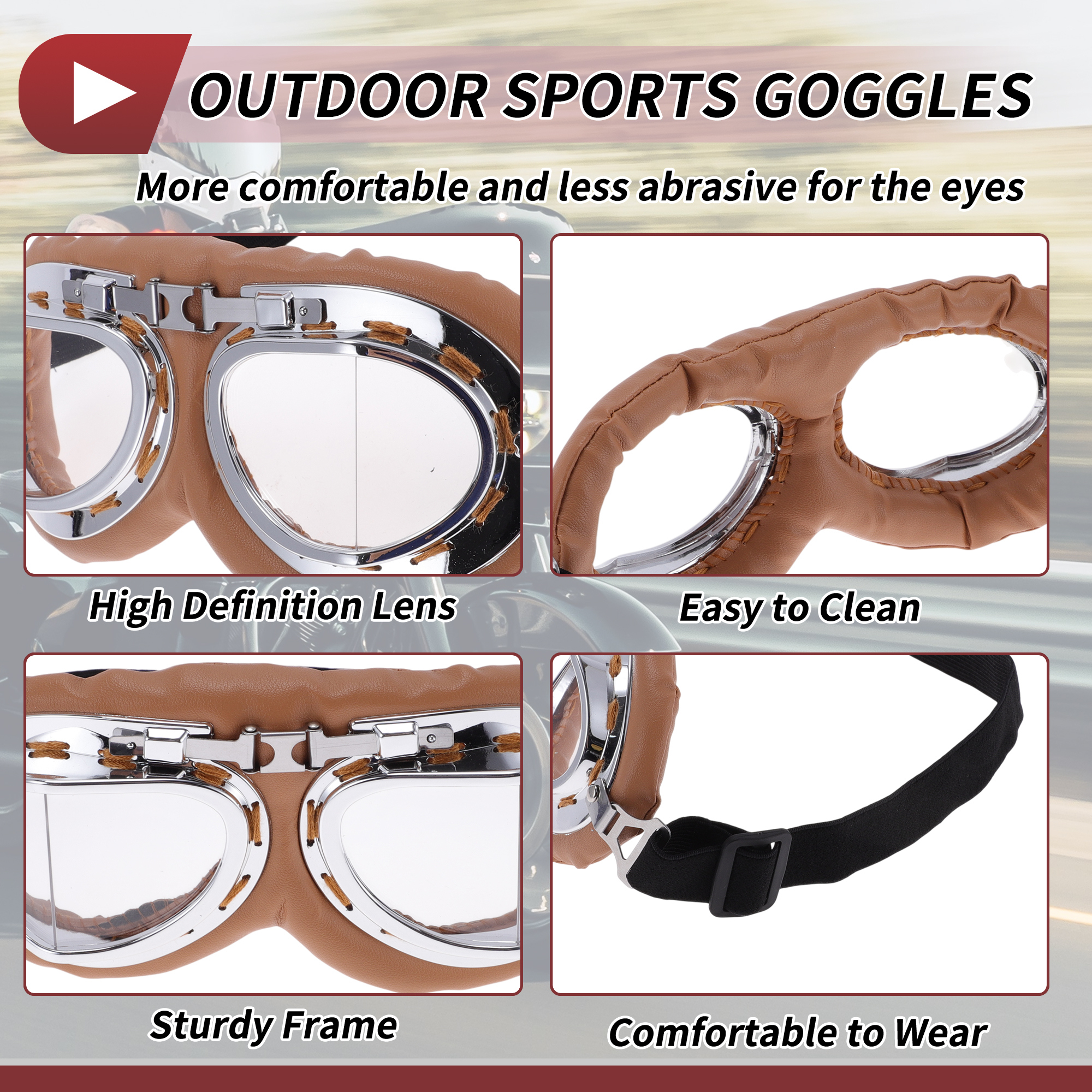 Unique Bargains 1 Set Motorcycle Riding Goggles Foldable PC PU Sponge Outdoor Sports Sunglasses for Motocross Dirt Bike ATV Transparent Lens Brown Frame