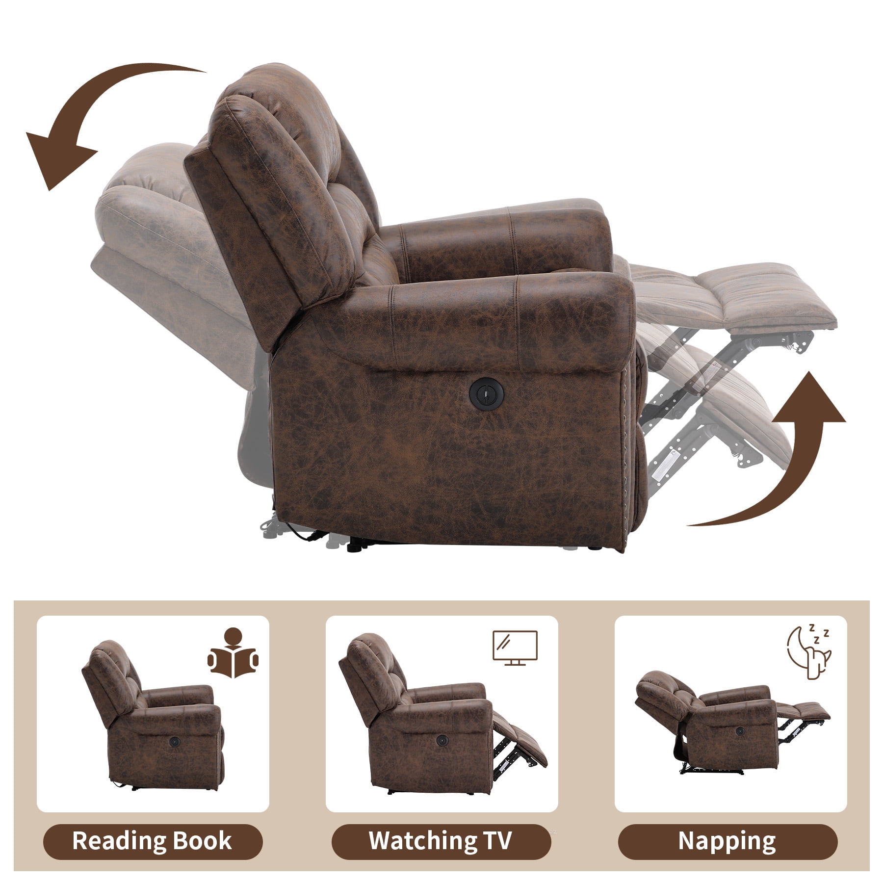 Bonzy Home Electric Power Recliner Chair, Modern Reclining Chair with Rivet Trim & USB Port, Classic Single Sofa Home Theater Recliner Seating, Brown
