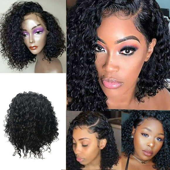 RKSTN Wigs Human Hair Brazilian, Human Hair Curly Short Bob Water Wave Black Lace Front Wig Glueless Wigs