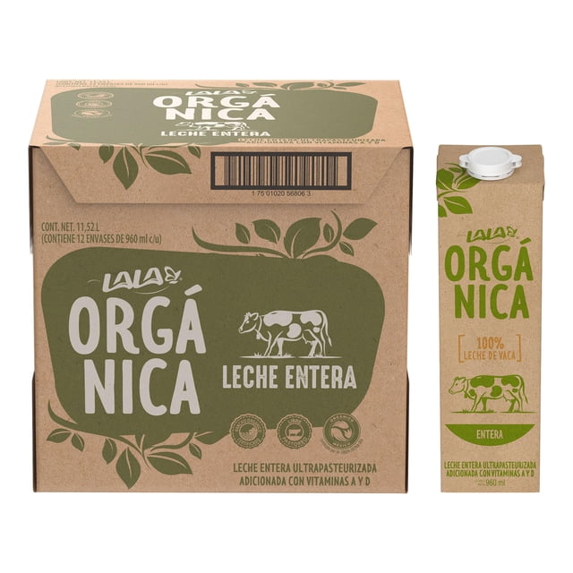 Lala Leche Orgánica Entera Ultrapasteurizada adicionada con calcio y vitaminas A y D. Presentación: 1 Paquete con 12 piezas de 960 mililitros cada una