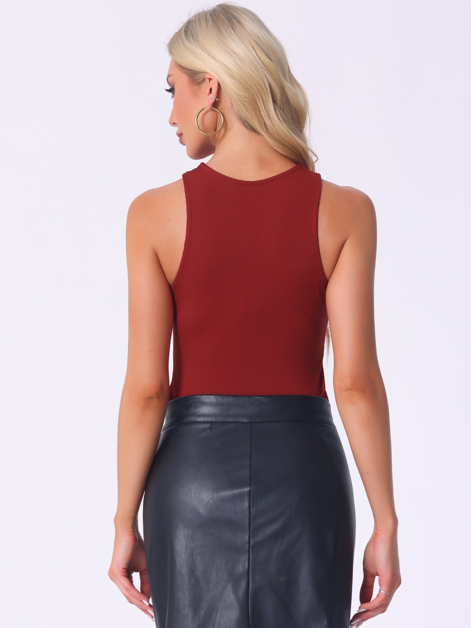 DARING DIVA Sleeveless Asymmetrical Halter Neck Tank Top Bodysuit L Burgundy