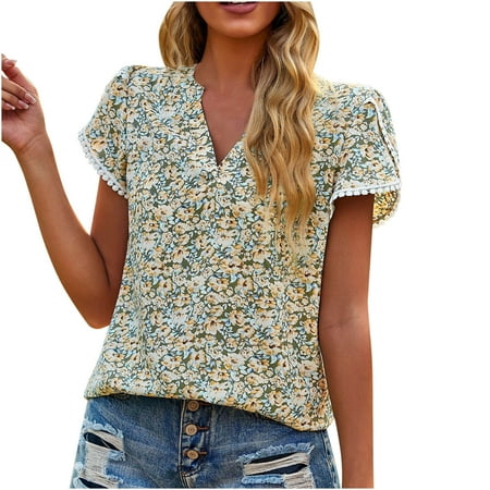 

kakina CMSX Graphic Shirts for Women Plus Size Spring Summer Printing Short Sleeve V-Neck Loose Shirt Casual Top Graphic Tees Clearance Green M