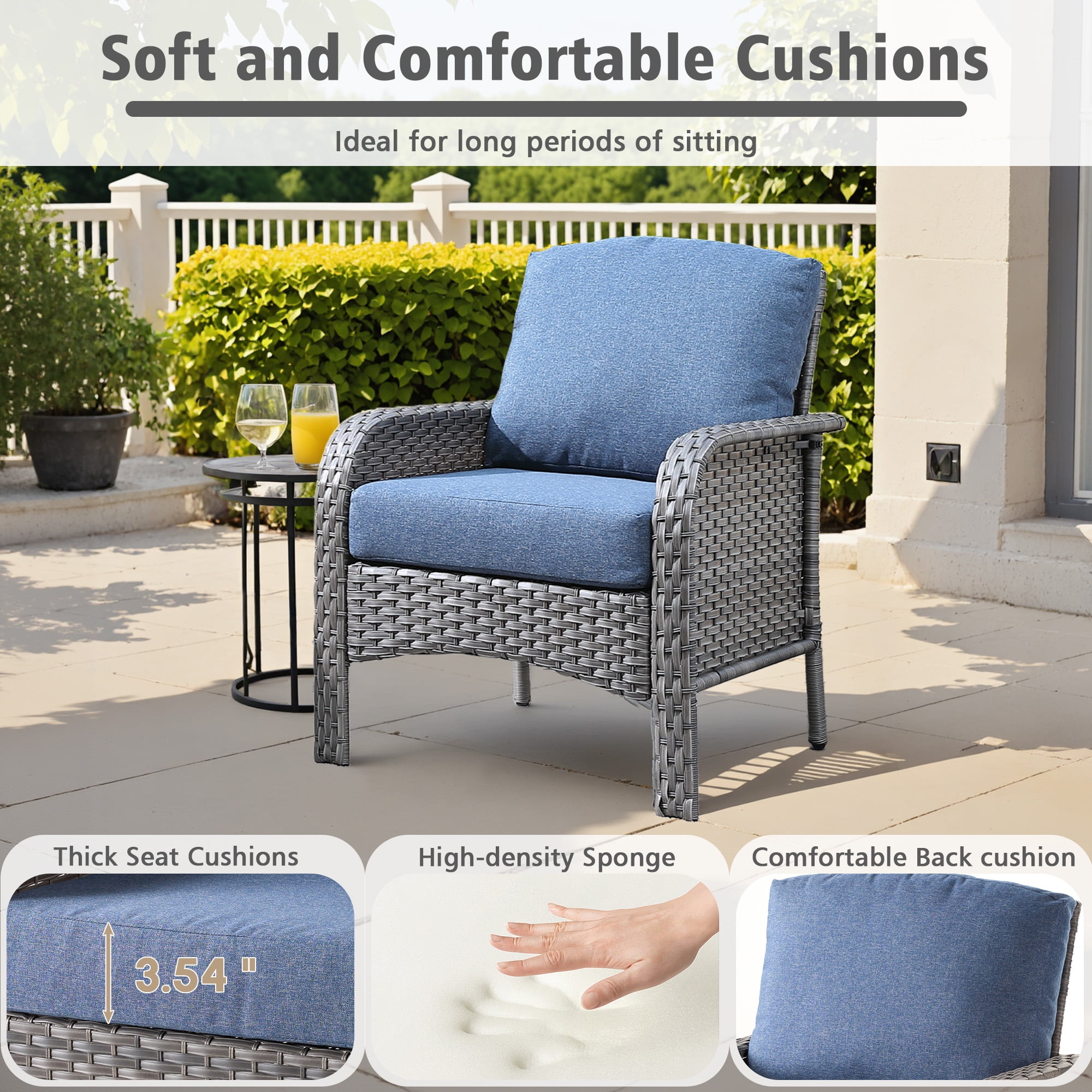 Ovios Patio Chairs Set of 2 All-Weather Wicker Patio Furniture Chairs Set Rattan High-Back Outdoor Armchairs with Cushions, Denim Blue