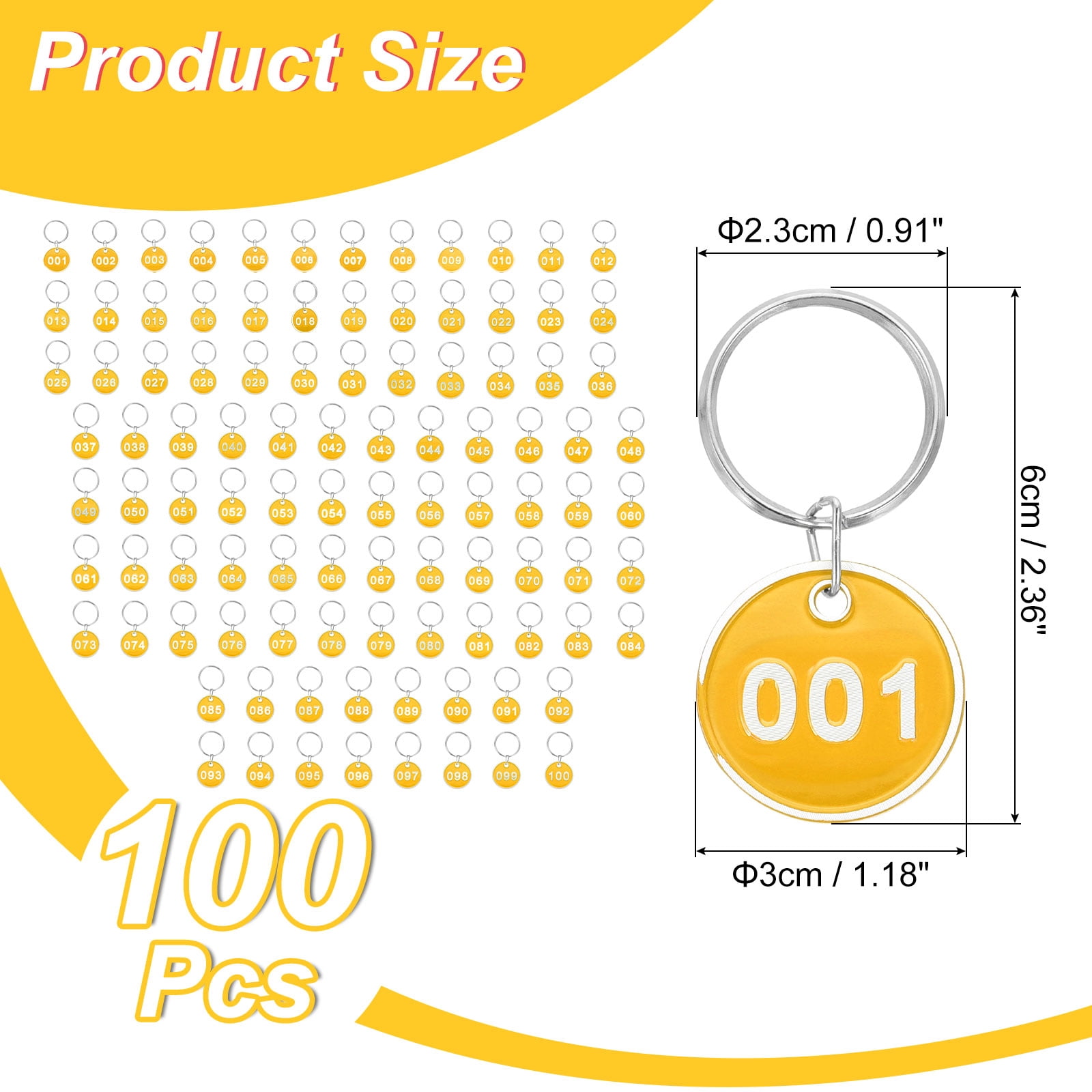 Uxcell 1-100 Number Tags, 100Pcs Round ID Number Key Tags Aluminum Alloy Marking Identification Label with Metal Rings for Luggage Dormitory Keychain Lockers, Yellow