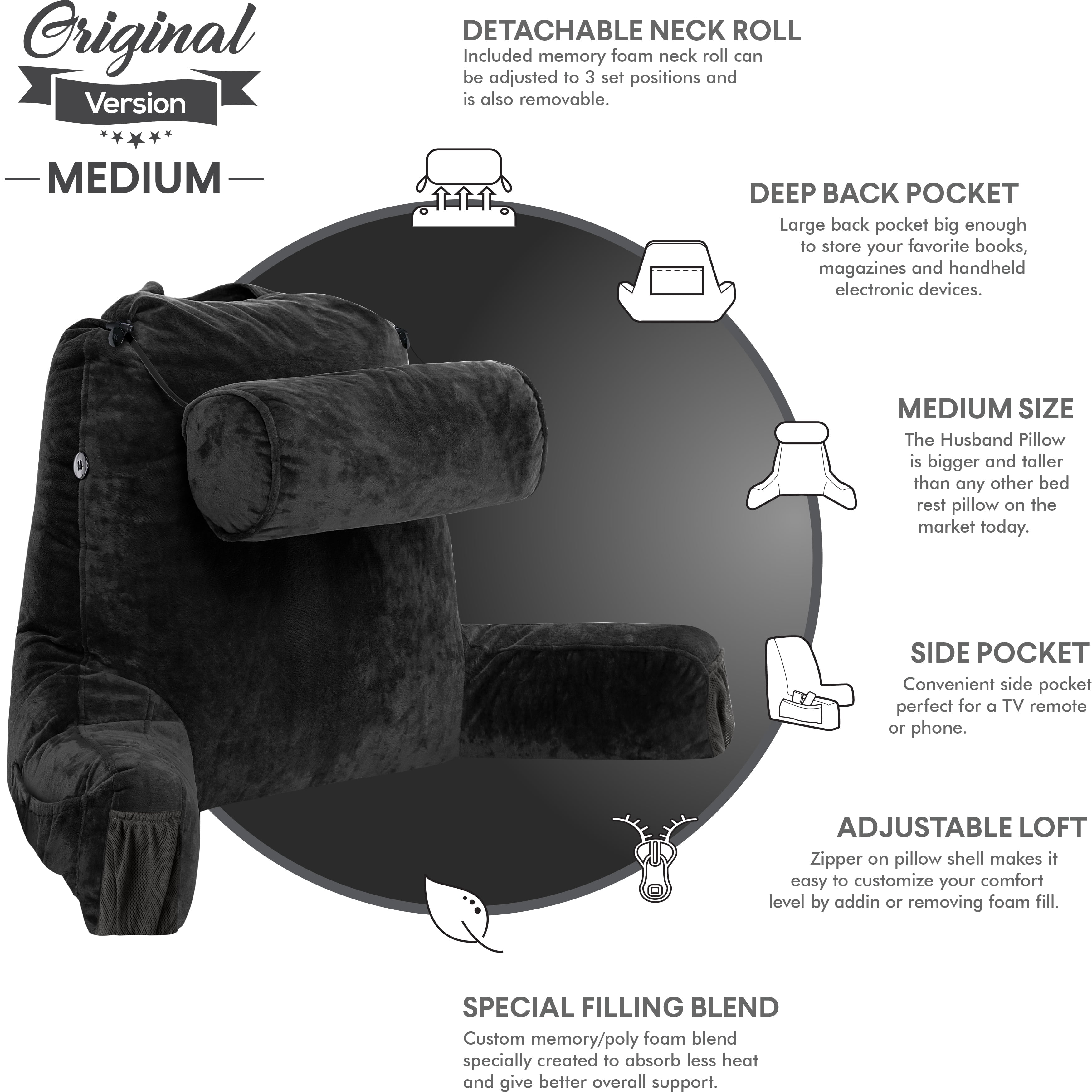 Husband Pillow Medium Black, Backrest for Kids, Teens, Petite Adults - Reading Pillows With Arms, Adjustable Loft, Plush Memory Foam, Bed Rest Chair for Sitting Up, Detach Neck Roll, Removable Cover