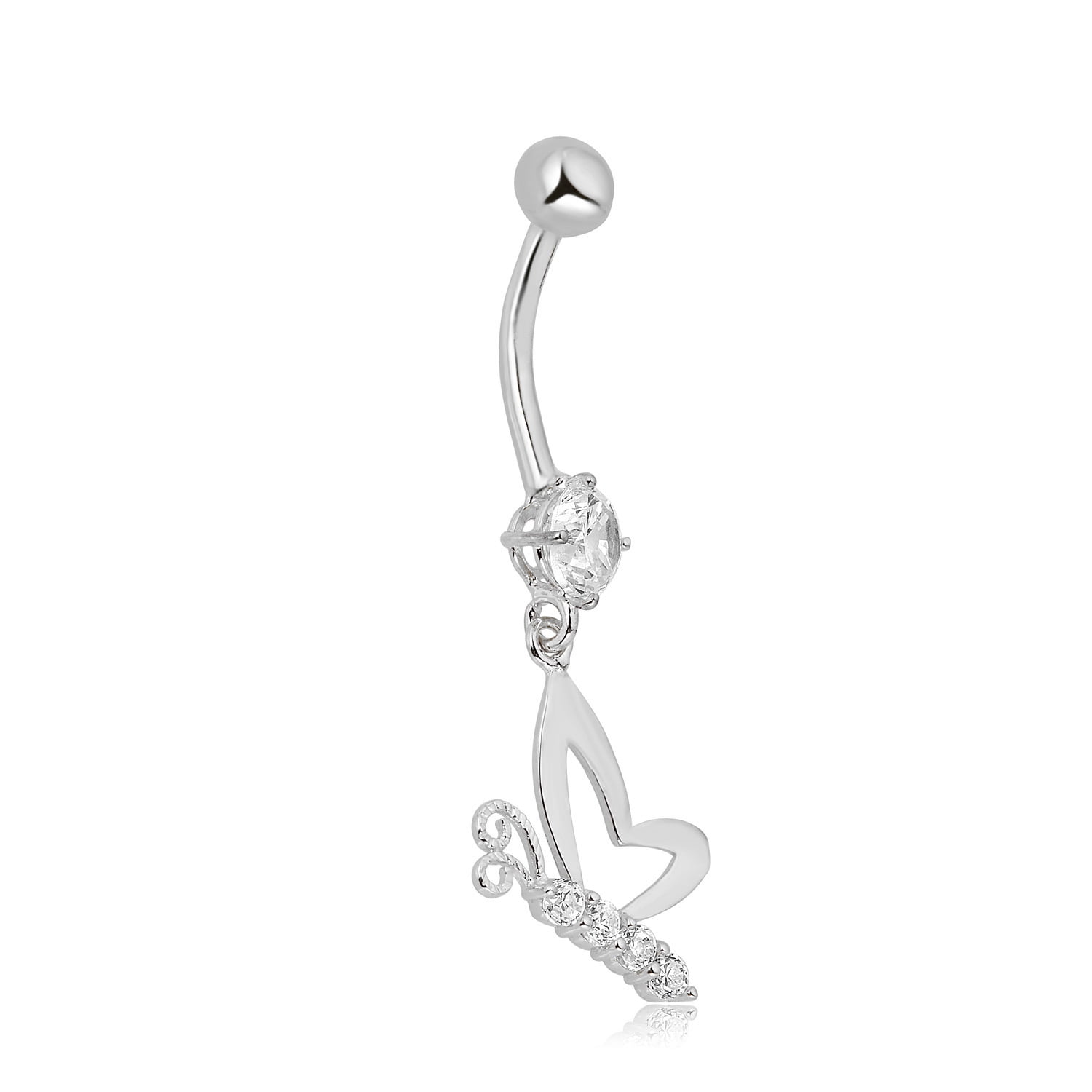 AVORA 10K White Gold Solitaire Simulated Diamond CZ Dangling Butterfly Belly Button Ring Body Jewelry (14 Gauge)
