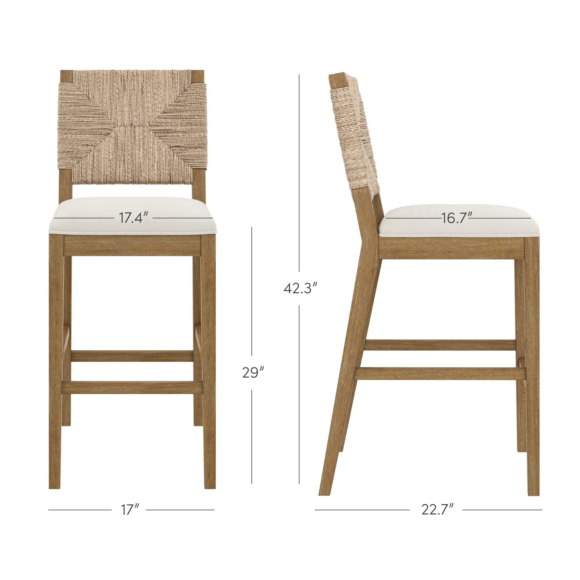Nathan James Beacon Bohemian Boucle Bar Stool with Back, Bar Height Kitchen Island Chair, Seagrass Bar Stool, Cream Boucle/Brushed Light Brown