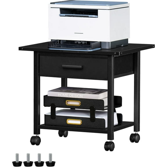 Under Desk Rolling Printer Stand with Drawer, 2-Tier Industrial Mobile Printer Table Desk with Storage Shelf and Steel Frame, Printer Cart Holder with Lockable Wheels for Home, Office (Black)