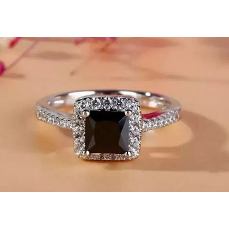 Simulated 2Ct Black Diamond Princess Cut Engagement Ring 14K White Gold Plated