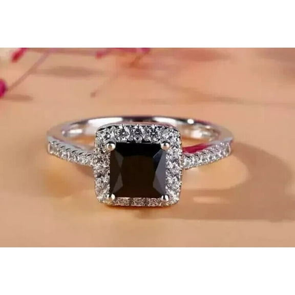 Simulated 2Ct Black Diamond Princess Cut Engagement Ring 14K White Gold Plated