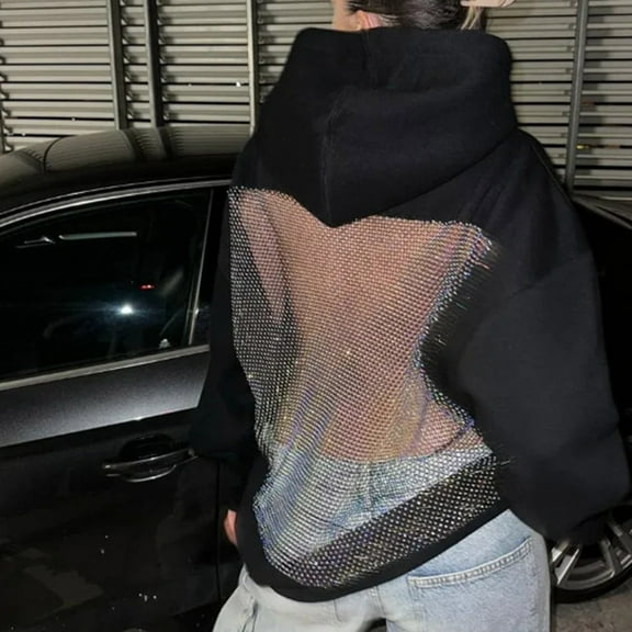 Felirenzacia Women Rhinestone Mesh Open Back Hollow Out Oversized Hoodie Pullover Sweatshirt With Sense Top, XS-2XL