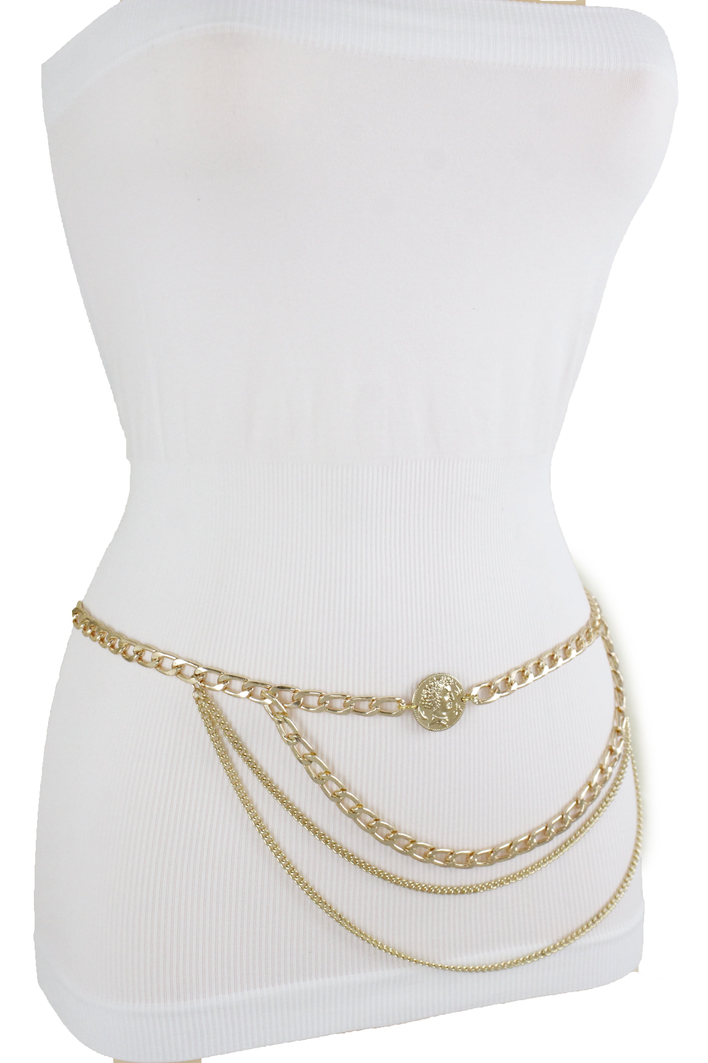 Women Gold Metal Chain Side Waves Greek Coin Charm Buckle Belt Plus XL ...