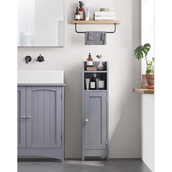 Space-Saving Narrow Storage Cabinet with Adjustable Shelves & Door – Floor Organizer for Toilet Paper & Toiletries, Anti-Tip Design, Dove Gray