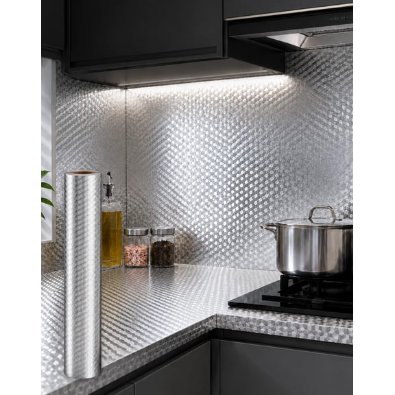 Stainless Steel Kitchen Oil-Proof Adhesive Wallpaper Roll, Aluminum Foil, Peel and Stick, Waterproof, Heat-Resistant, for Backsplash, Countertops, Cabinets,16inx3.3ft