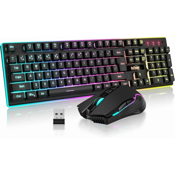 K10 Wireless Gaming Keyboard and Mouse Combo, LED Backlit Rechargeable 3800mAh Battery, Mechanical Feel Anti-ghosting 7D 3200DPI Mice for PC Gamer (Black)