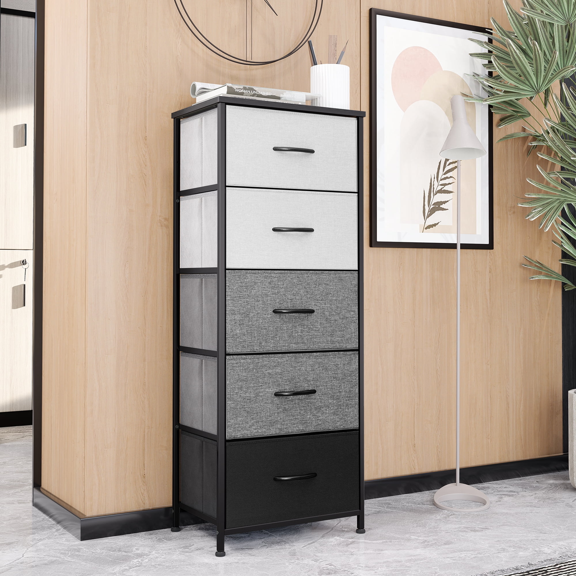 Vredhom 5Drawer Dresser Gray & Black Indoor Fabric Storage Chest