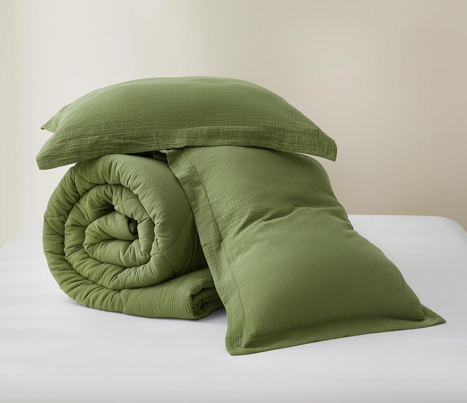Chezmoi Collection Skye 3-Piece 100% Cotton Muslin Thin Comforter Set Queen, Olive Green Reversible Soft Washed Cotton Gauze Breathable Lightweight Summer Blanket