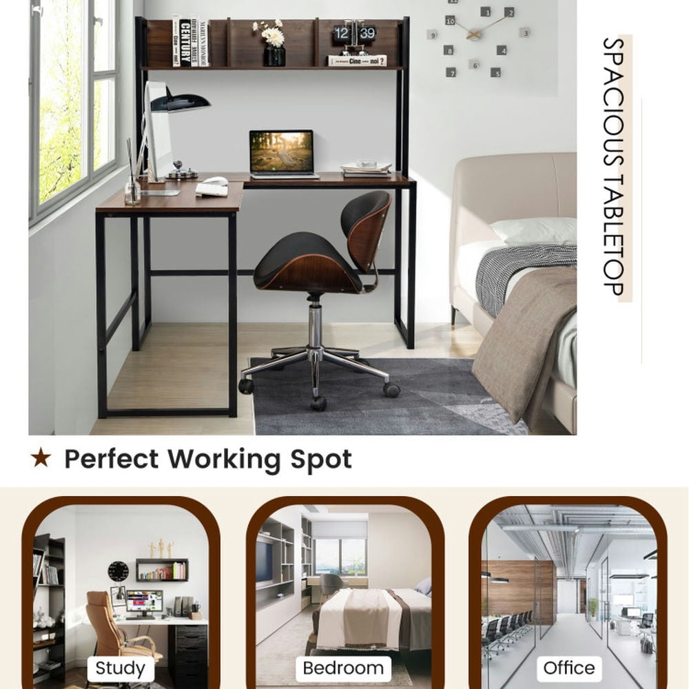 Demi Bonn Reversible L-Shaped Corner Desk with Storage Bookshelf, Small Home Office Desk Study Writing Table, Walnut