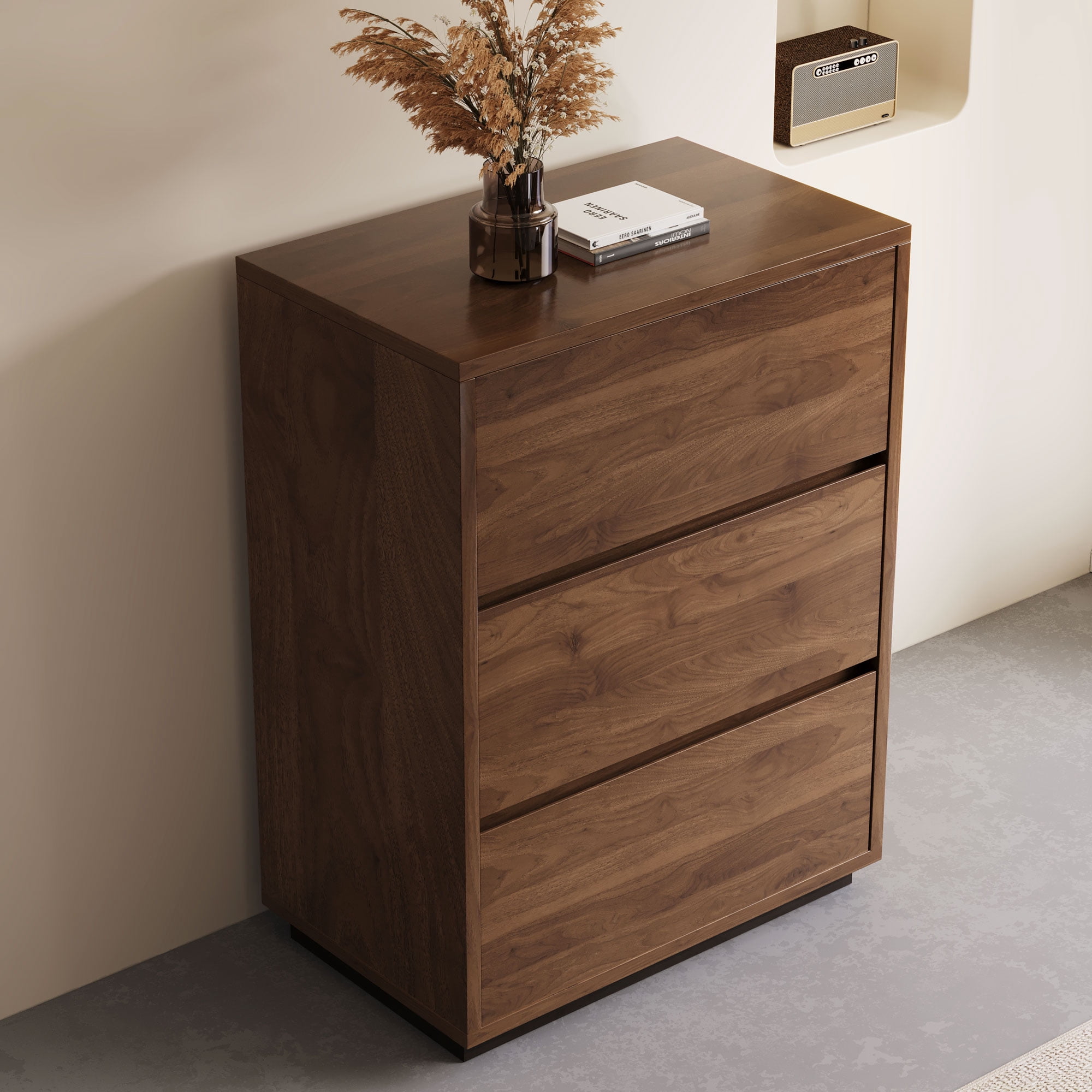 NessCarsti Modern Storage Cabinet with 3 Drawers and Shelves, Walnut Brown, 23.62"