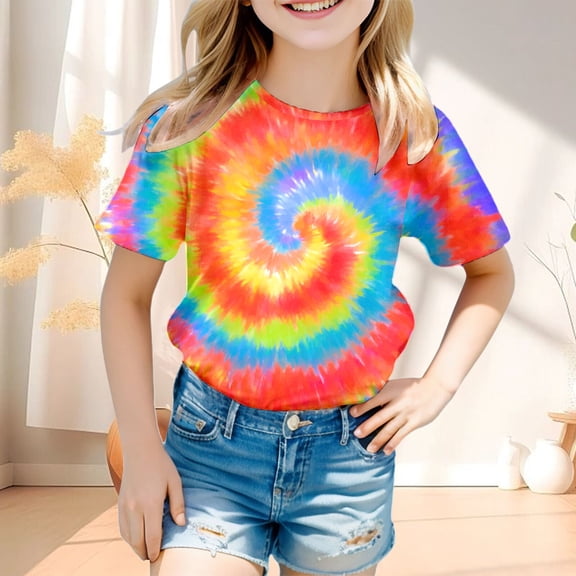 CUZIBR Kids Toddler Baby Girls Shirt Spring Summer Casual Colorful Print Tie Dye Round Neck Short Sleeve Tshirt Stylish Cute Relaxed Fit Back To School Clothes Casual Tee Tops,Multicolour,4-5 Years