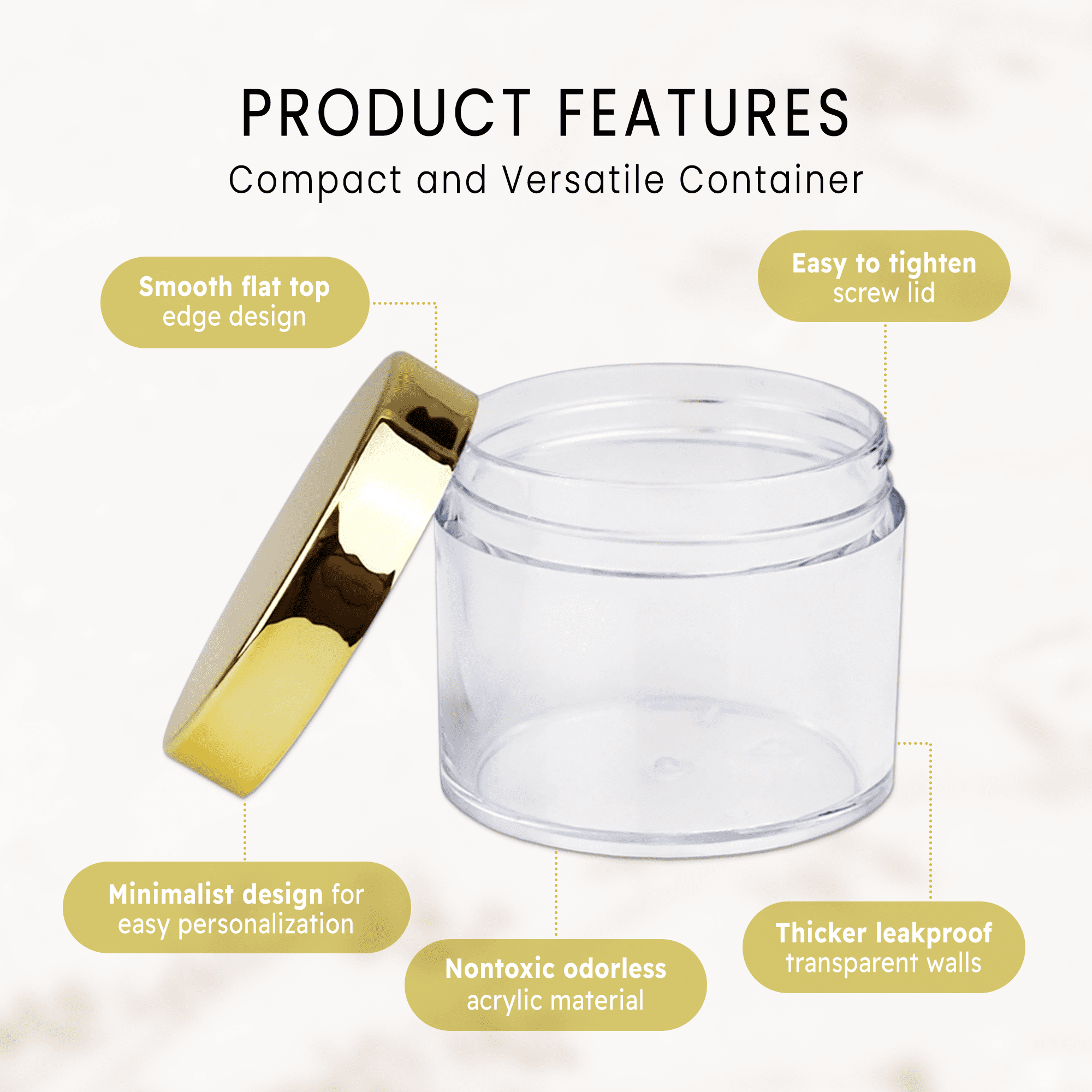 2oz/60g/60ml High Quality Acrylic Leak Proof Clear Container Jars with Gold Lids 36pcs