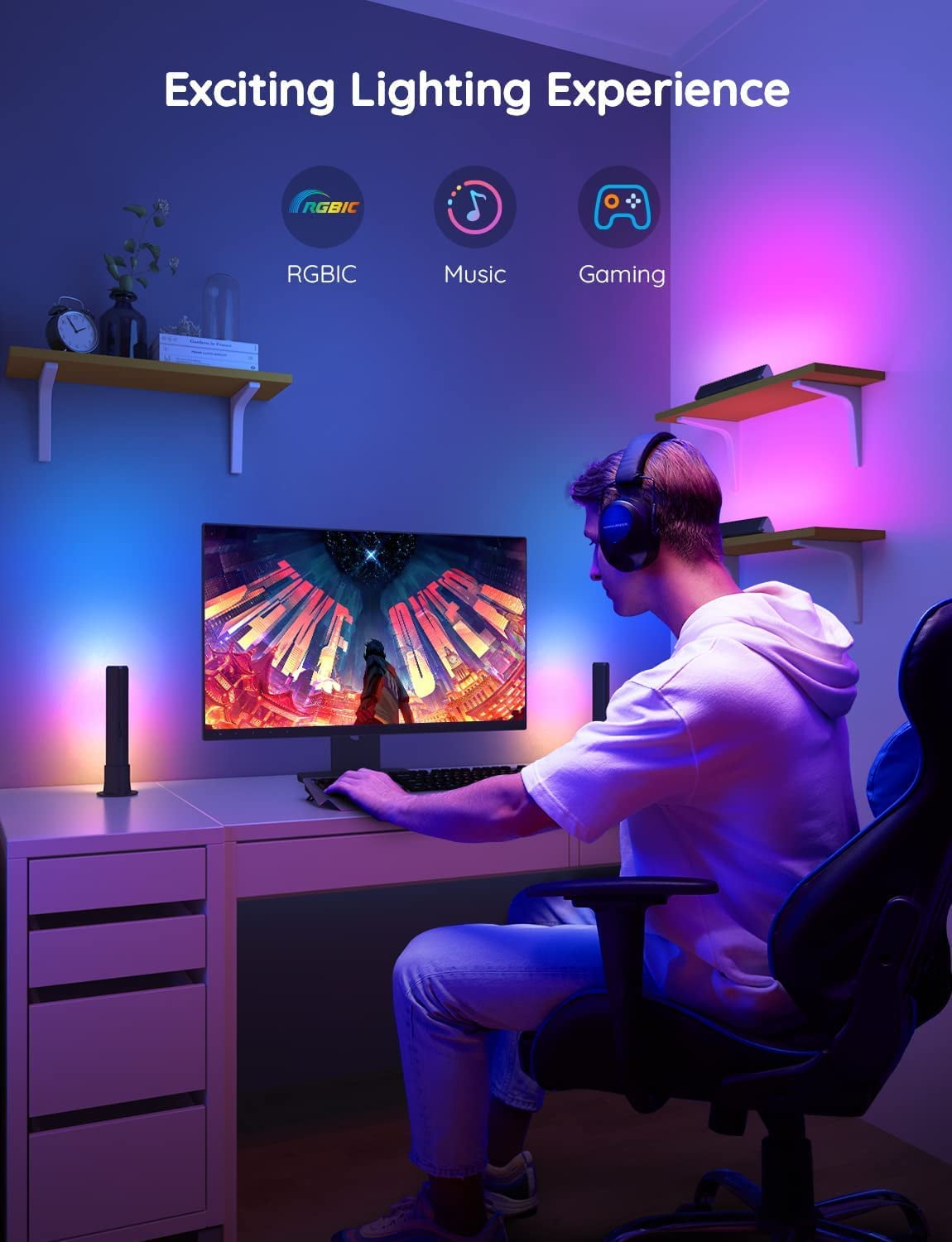 Govee Smart Led Light Bars  Work With Alexa And Assistant Rgbicww Wifi Tv Backlights Scene Music Modes For Gaming Pc Room Decoration Black