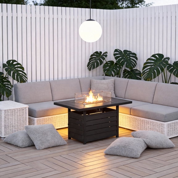 KIOOTTO 54" Outdoor Propane Fire Pit Table, 50,000 BTU Aluminum Gas Fire Table with Glass Wind Guard & Lava Rocks, CSA Certified, Black